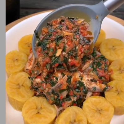 Boiled Plantain and veggie fish sauce
